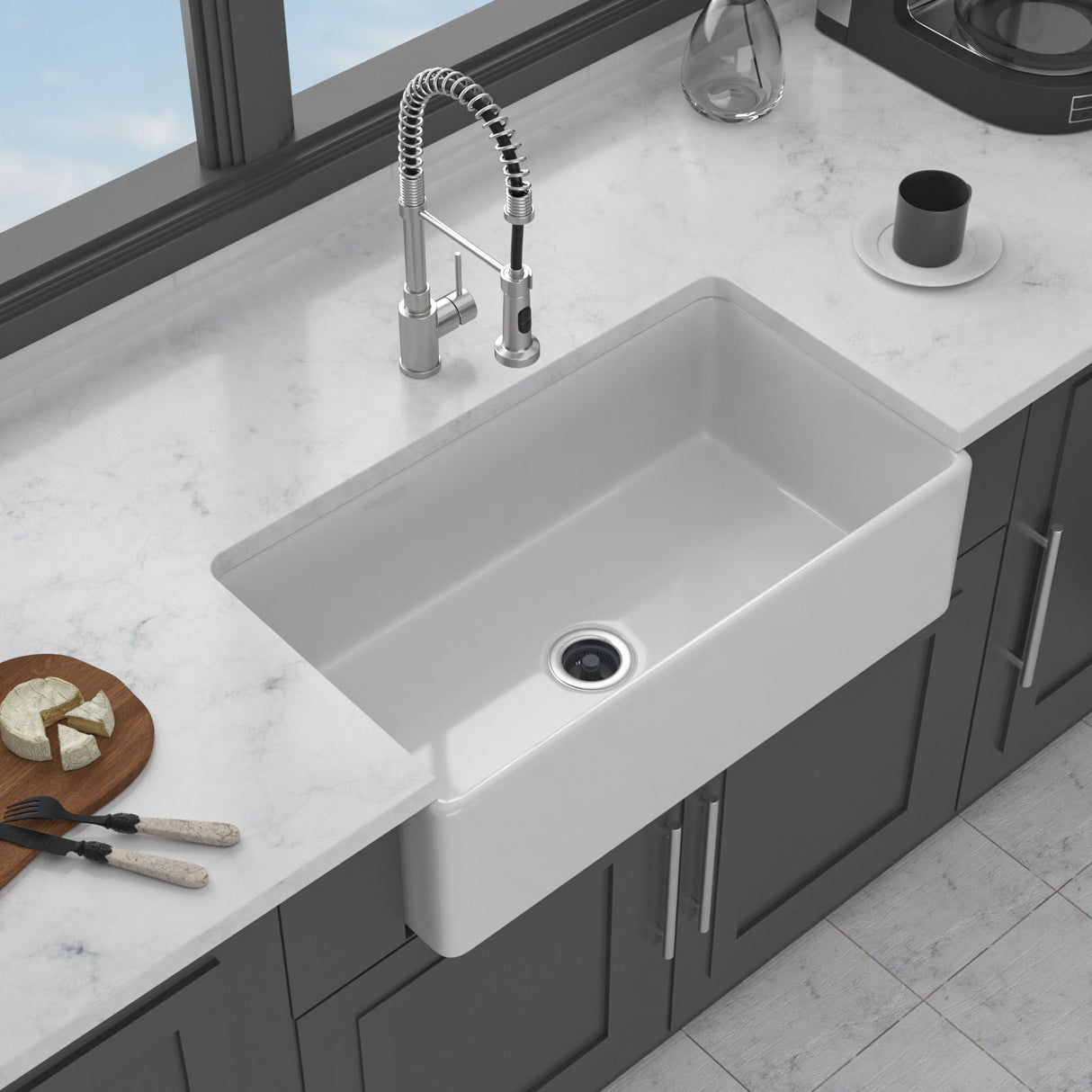 Apron-Front Reversible Single Bowl Kitchen Sink with Smooth and Ribbed Finishes - White