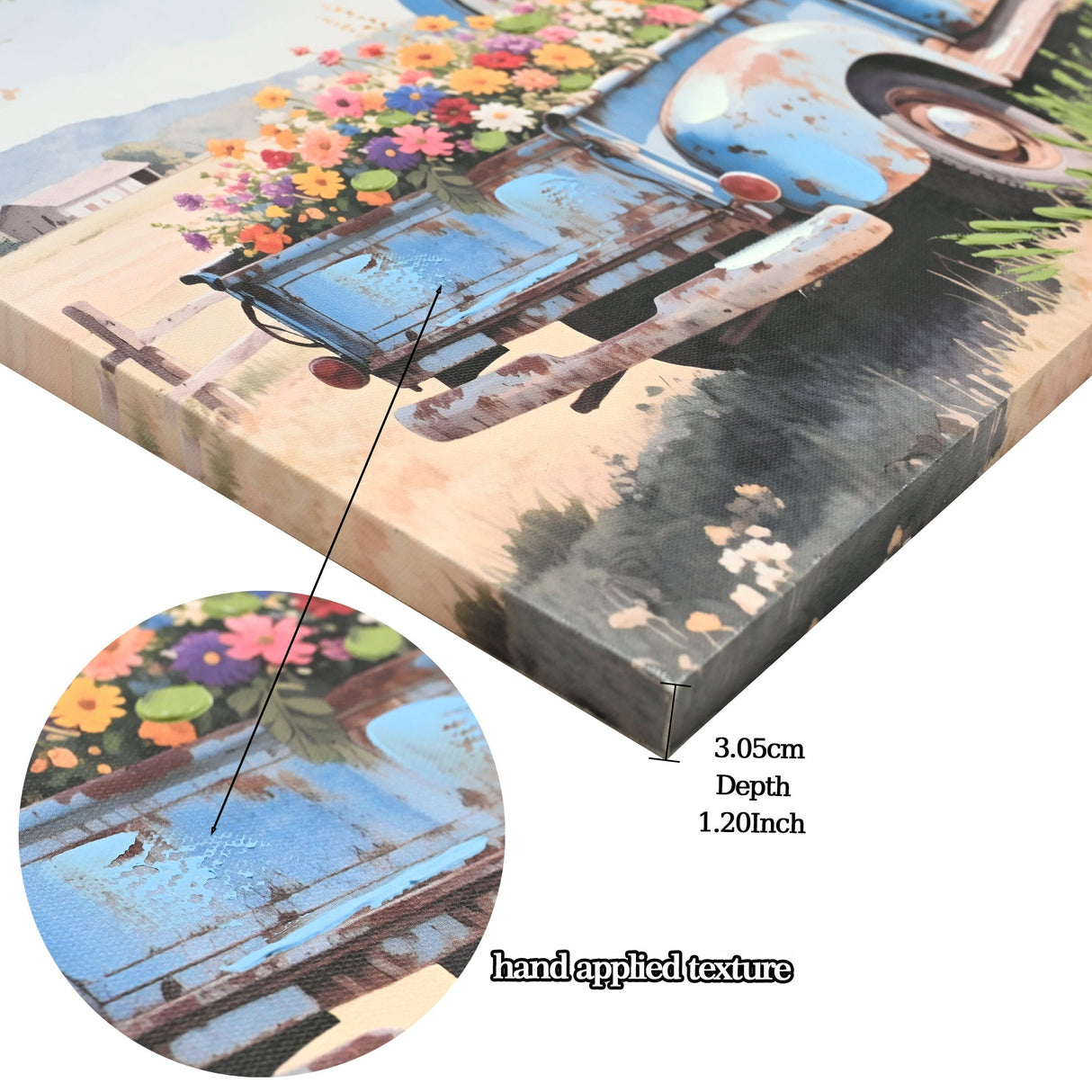 Farmhouse Old Truck Canvas Wall Art, Bloom Wall Art, Country Antique Pickup Truck Canvas Prints, Blue Truck With Red Floral Flower Art Prints for Farmhouse Spring Decor 12' Hx16' W Inches
