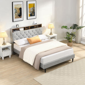 Modern Upholstered Platform Bed Frame With Button Tufted Headboard And USB Ports