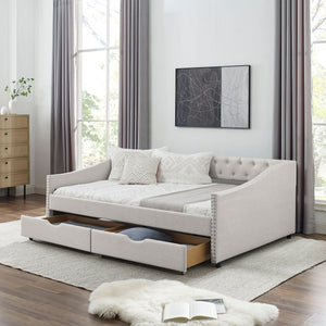 Upholstered Tufted Daybed With Drawers, Waved Arms