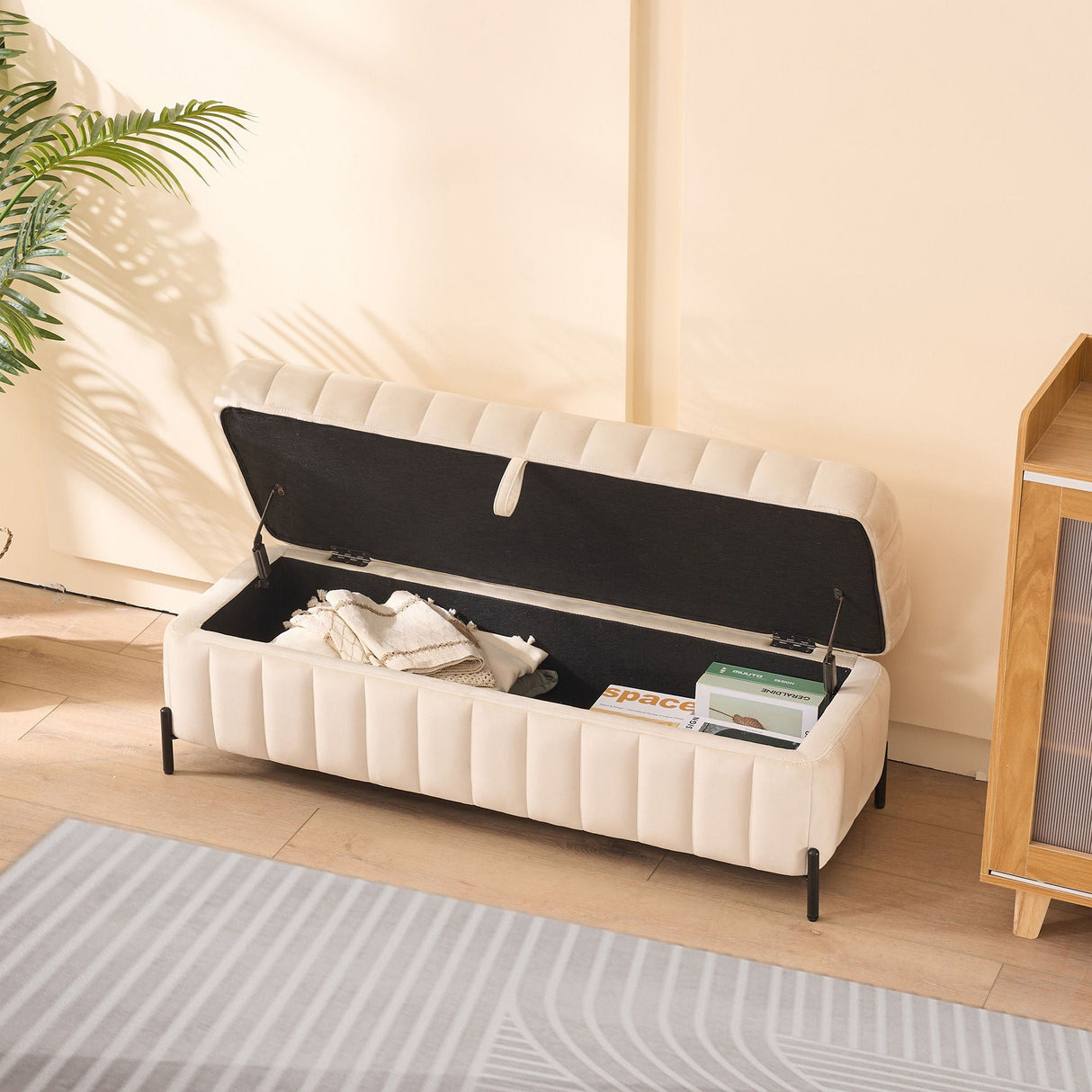 Wide Upholstered Storage Soft Bench Ottoman With Metal Legs