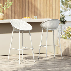 Modern Gable Outdoor Barstool Set of 2 with Perforated Design - White