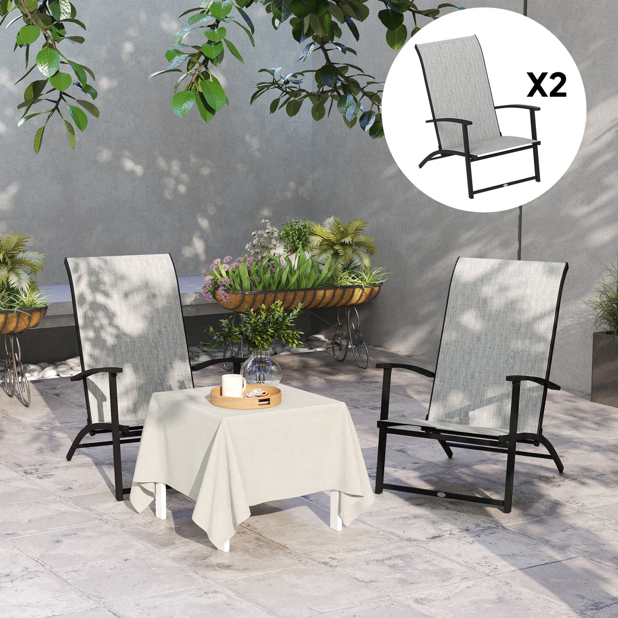 Outsunny Folding Patio Chairs Set of 2, Portable Outdoor Dining Chairs with High Back, Armrests