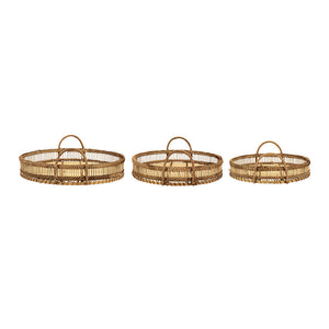 Set of 3 Round Decorative Brown Bamboo Woven Trays with Handles