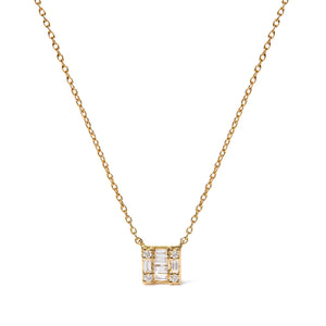 10K Yellow Gold 1/10 Cttw Round and Baguette Diamond Mosaic Composite Square 18" Inch Pendant Necklace (H-I Color, I1-I2 Clarity)