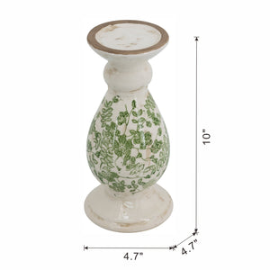 White Ceramic Candle Holder with Green Floral Patterns - 10" Height