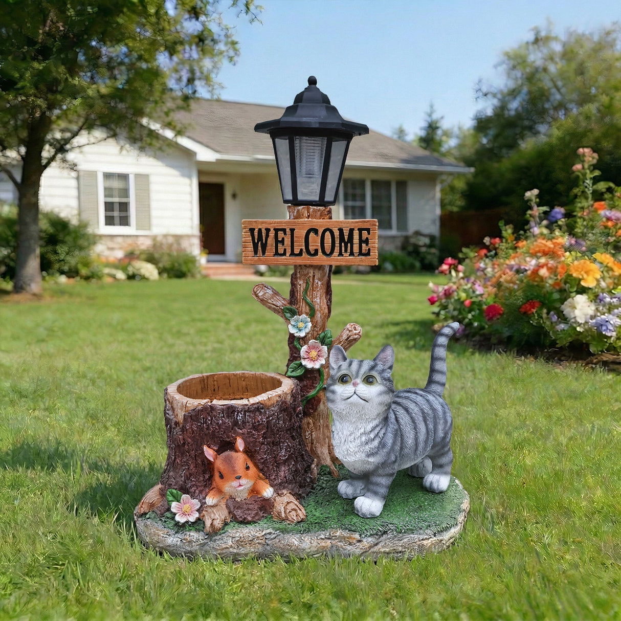 Cat Solar Planter Statue for Outdoor Decor