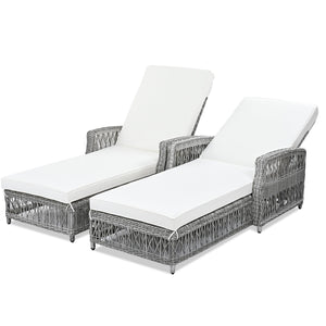 GO 2 Pieces Long Reclining Chaise, Outdoor Wicker Lounge with Armrests, Patio Adjustable Recliner with Soft Removable Cushions, All Weather Rattan Pool Lounge for Poolside & Garden, Beige