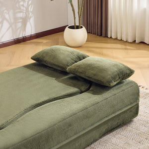 71-Inch Folding Sofa Bed in Green Plush Faux Fur