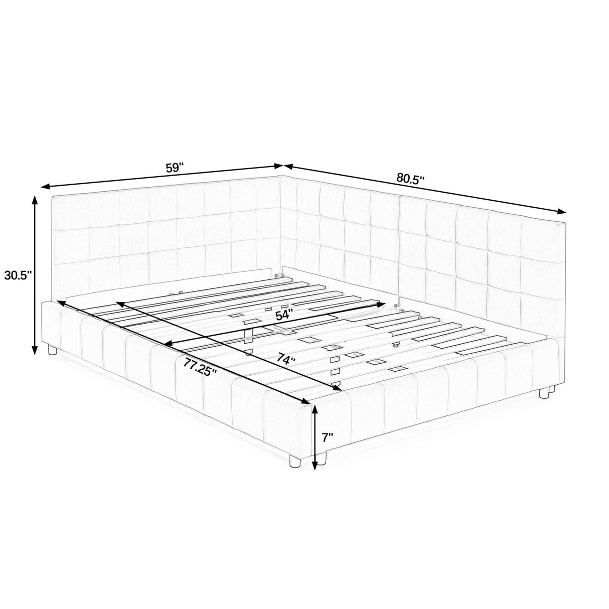 Mid-Century Storage Upholstered Tufted Bed Frame with Backrest and Armrests