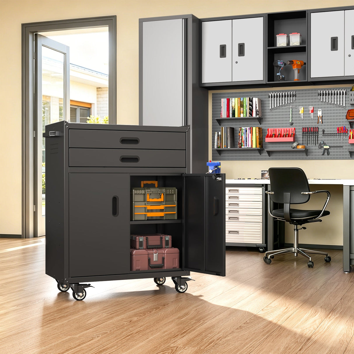 Metal Tool Garage Storage Cabinet with 2 Drawers and 2 Doors, with Wheels and Lock