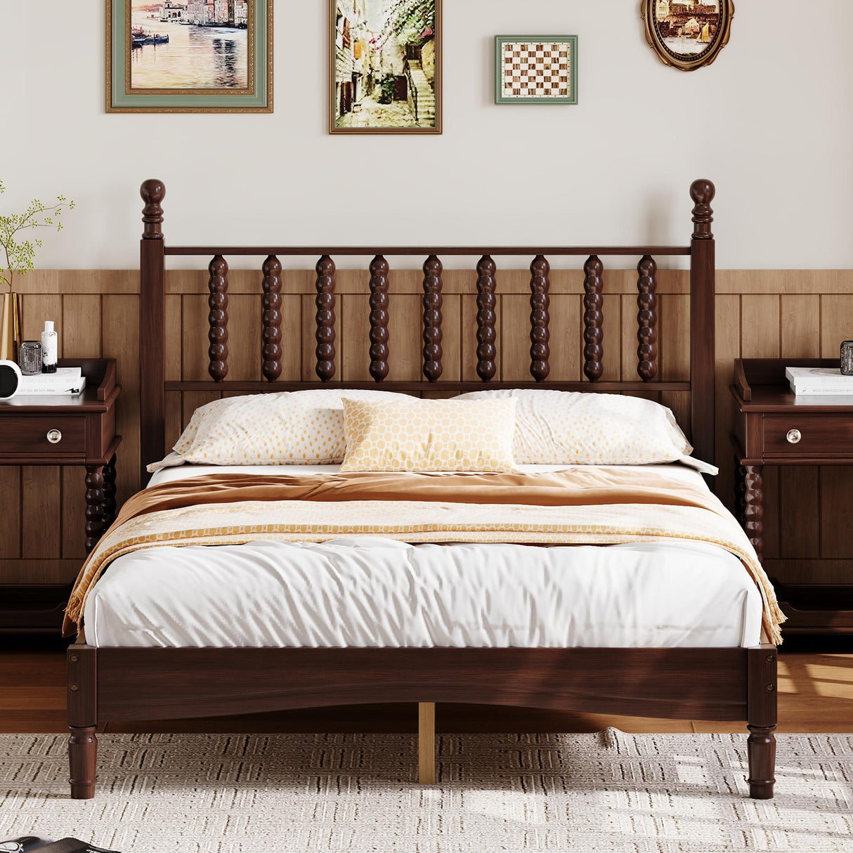 Full Size Wood Platform Bed with Gourd Shaped Headboard, Walnut