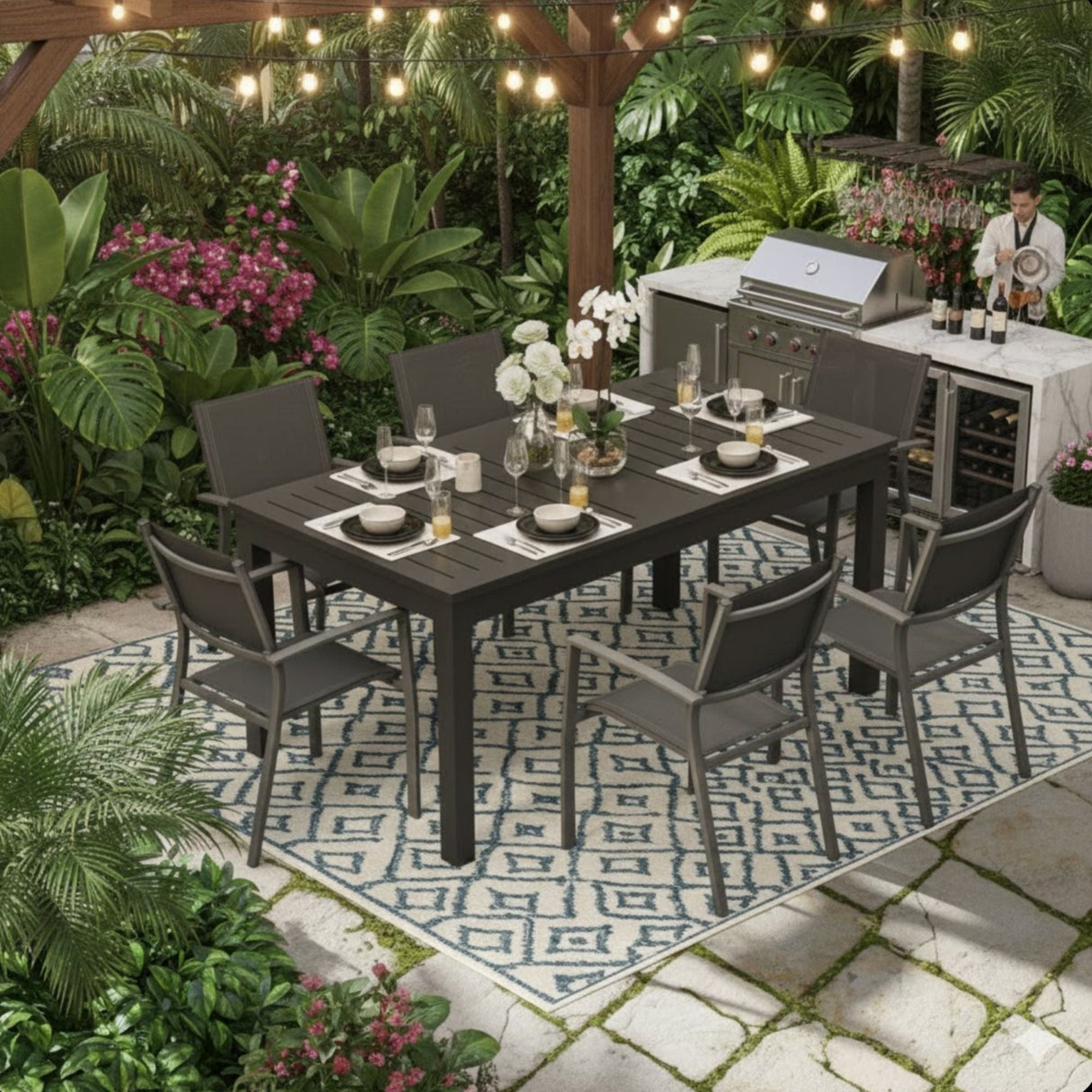 Extendable Outdoor Dining Table, All Weather, Slatted Top, Rust Proof - Gray