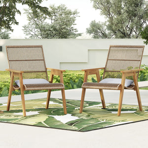 Acacia Wood Cape Woven Wicker Large Lounge Chair With Pillow (Set of 2)