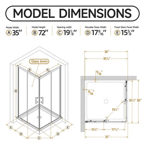 36" D x 36" W x 72" H Corner Shower Enclosure