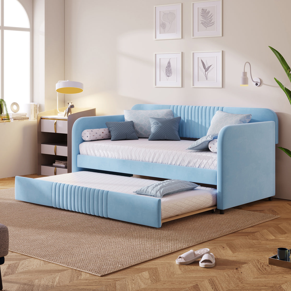Upholstered daybed sofa bed twin size with trundle bed and wood slat, light blue