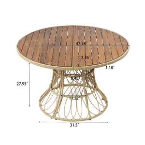 5-Piece Outdoor Dining Set: Teak Finish Round Acacia Wood Table & 4 Teak Finish Wicker Armchairs