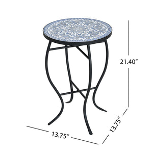 Outdoor Round Side Table With Mosaic Style Top And Curved Iron Legs