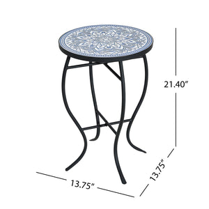 Outdoor Round Side Table With Mosaic Style Top And Curved Iron Legs