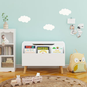 Toy Box With Front Bookshelf, Flip Top Lid, Safety Hinge For Kids Room Organization - White