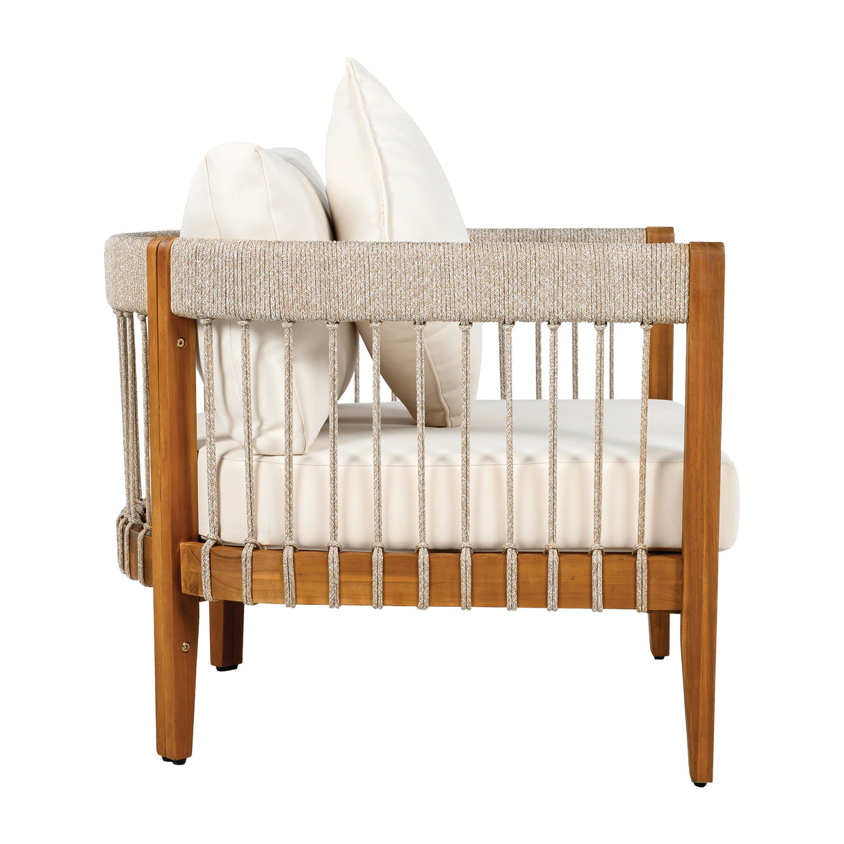 Acacia Wood Outdoor Club Chair with Handwoven Rope Accents and Curved Backrest
