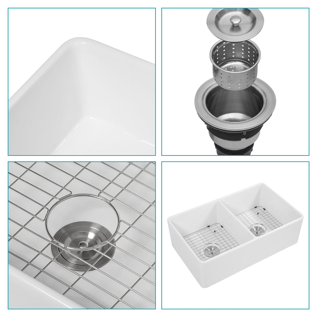Sink 33" Double Bowl Kitchen Sink With Deep Bowls And Grids - White
