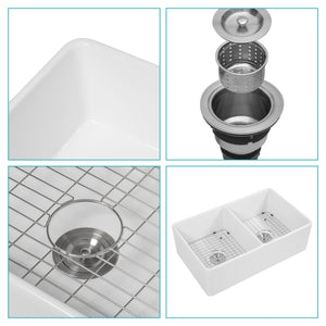 Sink 33" Double Bowl Kitchen Sink With Deep Bowls And Grids - White