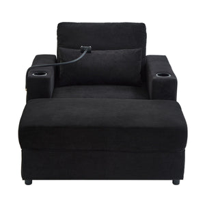 Modern Style Armchair Chaise Lounge Sofa Couch With Movable Storage Ottoman, USB Ports, Cup Holders, Phone Holder, Side Pockets