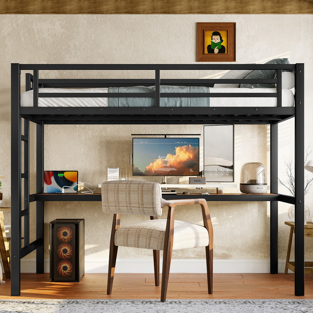 Metal Twin Size Loft Bed with Power Outlet and LED Lighted