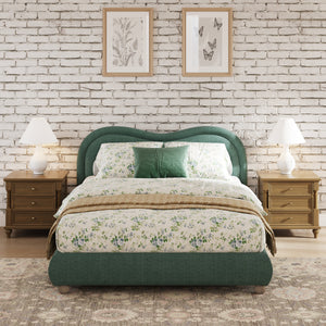 Queen Size Upholstered Platform Bed Frame with Rounded Corners Curved Headboard