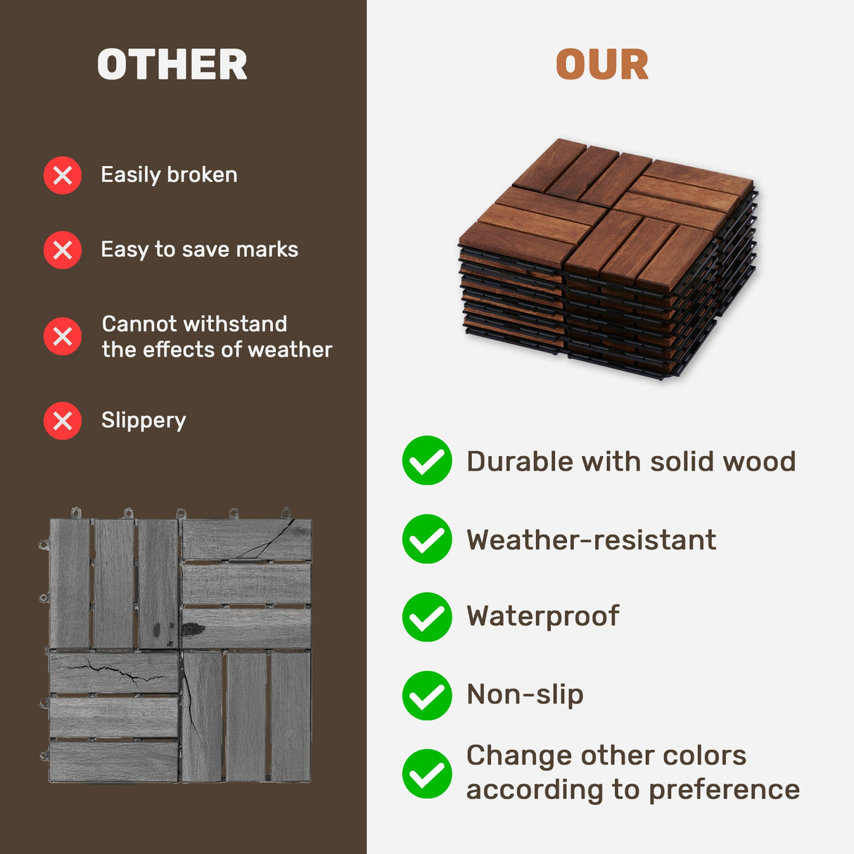 Acacia Wood Interlocking Deck Tiles - Checker Pattern