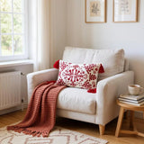 Red & White Embroidered Throw Pillow with Tassels  Handcrafted Elegance for Your Home