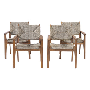 Durable Outdoor Dining Chair with Acacia Wood Frame, Handwoven Wicker Seat, Brown Finish, Patio Garden Furniture, (Compatible with Matching Table) Set of 2