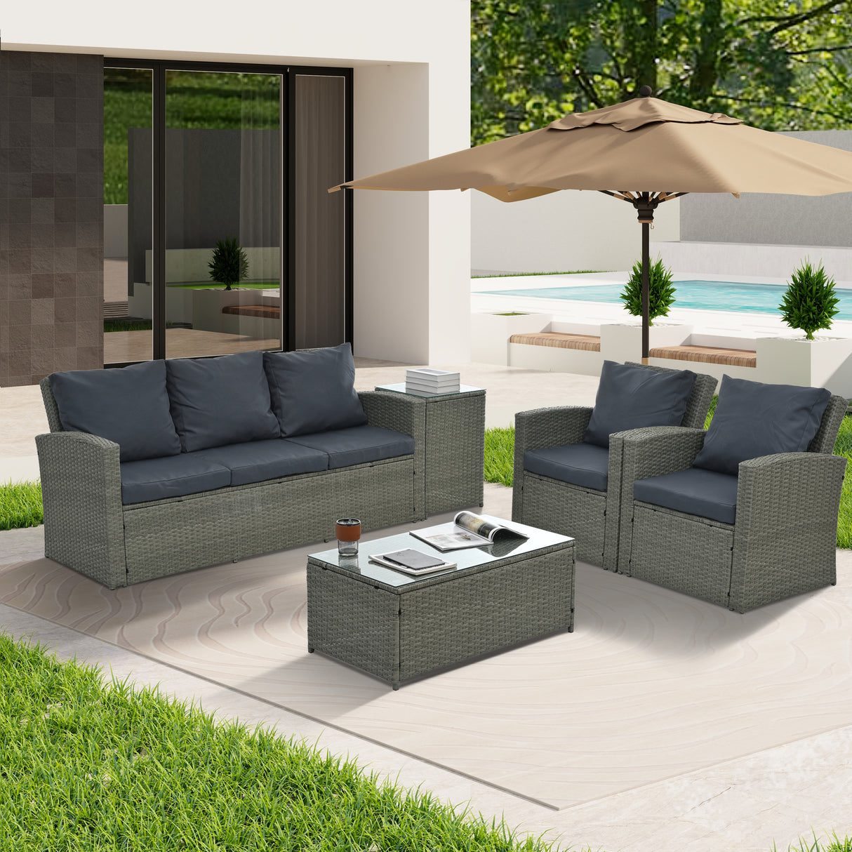5 piece wicker furniture set with tempered glass table top
