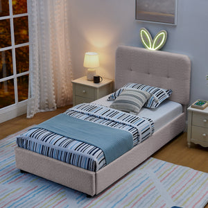 Twin Size Kids Upholstered Bed with Oversized Rabbit Ear Headboard, LED Light & 4 Storage Drawers, Boucle Fabric (79.5''X40.75''X41'')
