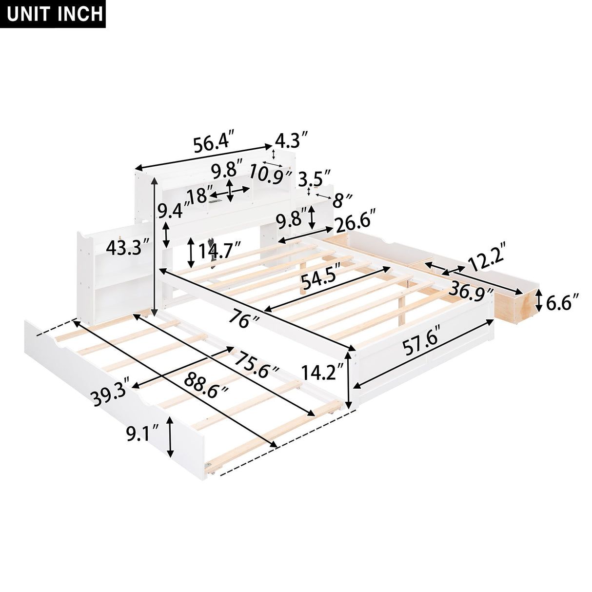 Storage Platform Bed With Pull Out Shelves, Trundle, And 2 Drawers