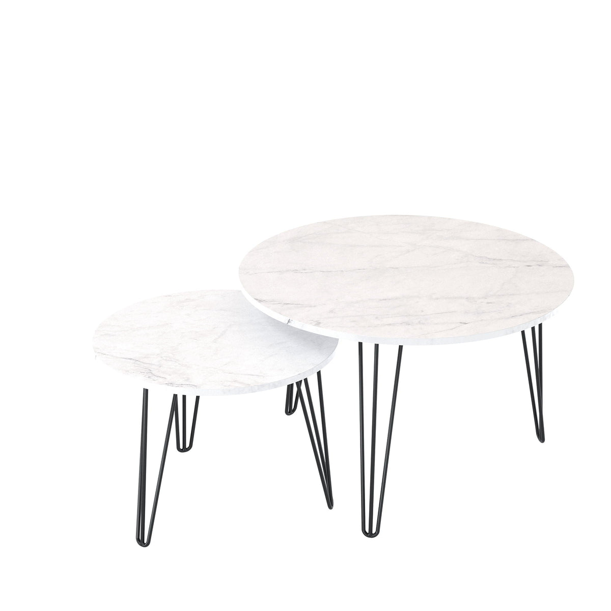 Rustic Round Nesting Coffee Table Set of 2 with Metal Frame - White, Black, Light Brown