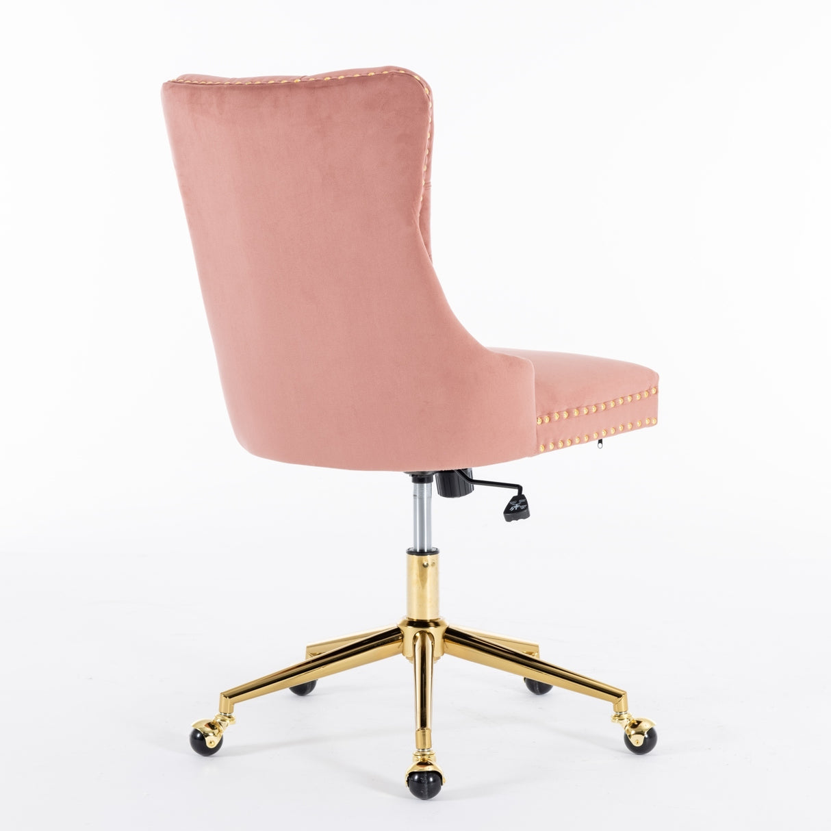 Velvet upholstered tufted chair with golden metal adjustable swivel base