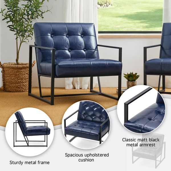 Glitzhome Mid Century Navy Blue Accent Chairs With Armrest, Metal Frame & Faux Leather