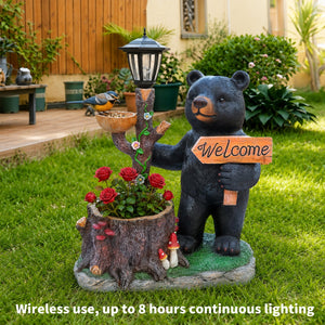 Decorative Standing Black Bear Garden Planter with Solar-Powered Lantern