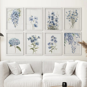 Floral Set of 8 Posters. Wisteria, Hydrangea, Pansy Wall Art