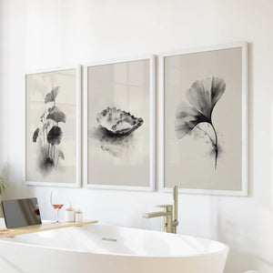 Minimalist Japanese Set of 3 Prints. Black and White Flowers Decor