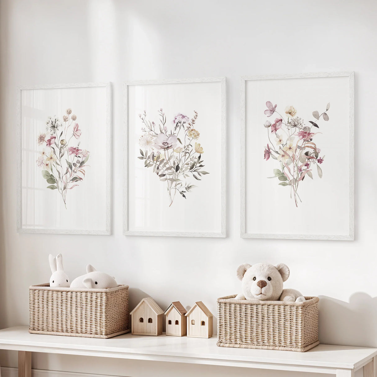 Floral Art Set of 3. Watercolor Wildflower Bouquet Prints