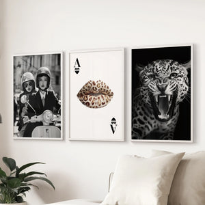 Black White Fashion Set of 3 Prints. Leopard, Lips, Scooter