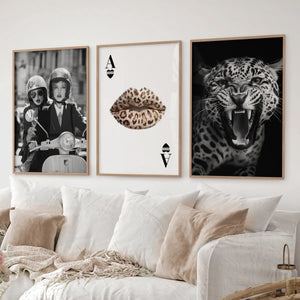 Black White Fashion Set of 3 Prints. Leopard, Lips, Scooter
