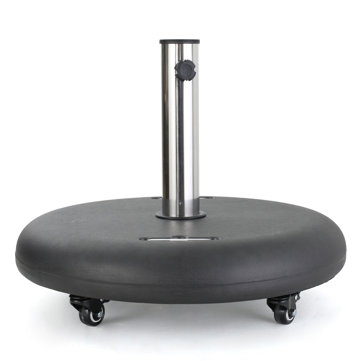 Modern Wheelie Round Umbrella Base with Stainless Steel Holder in Black Concrete