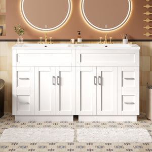 Bathroom Vanity with 4 Cabinet Doors, 4 Drawers, Dual Sinks - White