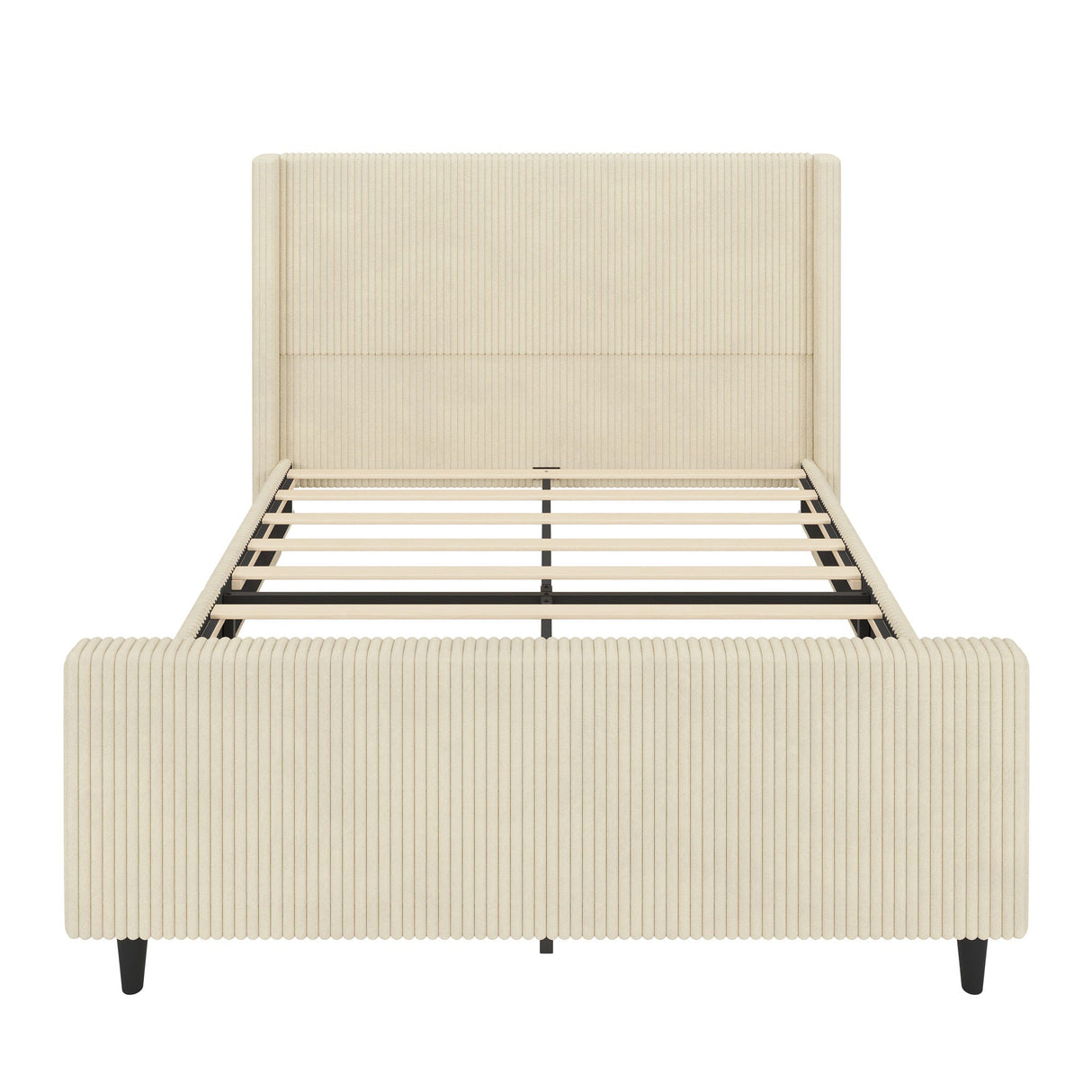 Upholstered Bed Frame With Vertical Stripe Wingback And High Footboard