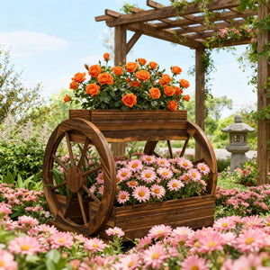 Outdoor Wooden Wagon Planter Box - 3-Tier Raised Garden Bed