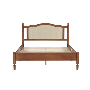 Queen Size Wooden Platform Bed with Natural Rattan Headboard